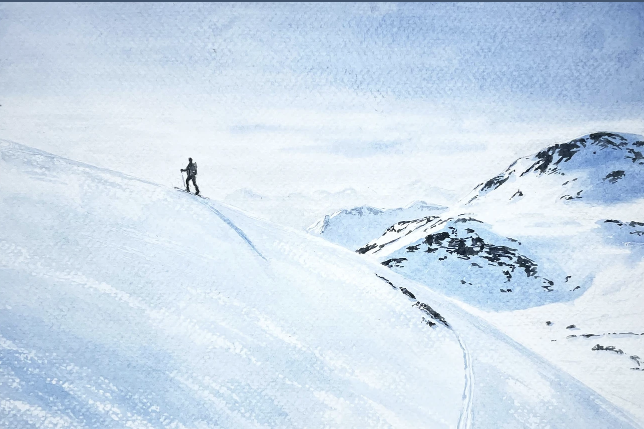 Une pente, une trace, un souffle.  L’humain est minuscule, mais il avance.  Dans cette aquarelle, j’ai voulu traduire ce moment
